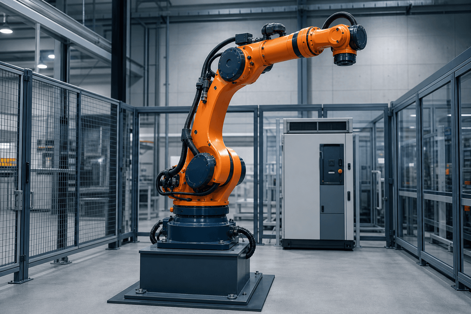 Robot industrial de seis ejes montado en una célula automática